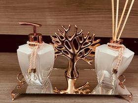 Kit Lavabo Rose Gold 4 Peças Difusor Sabonete Bandeja Árvore