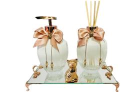 Kit Lavabo Rose Gold Difusor Varetas Saboneteira Bandeja