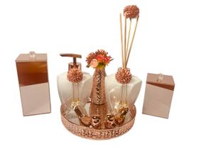 Kit Lavabo Rose Gold Potes Bandeja Vaso Difusor Sabonete