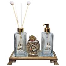 Kit Lavabo Sabonete Difusor 250ml C/ Bandeja Madeira Espelho