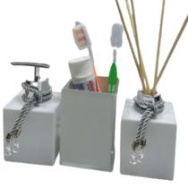 Kit Lavabo Saboneteira Porta Sabonete Líquido Aromatizador Difusor Porta Escova De Dentes Pincel Maquiagem-Organizadores Jogo Banheiro-Branco e Prata