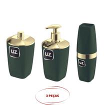 Kit Lavabo Verde e Dourado 3 Peças Escova Dispenser Algodão