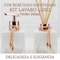 Kit Lavabo Vidro 250Ml Branco Porta Sabonete Válvula Luxo Difusor Varetas Decoradas Banheiro Lavabo Organização e Decoração Branco Degradê e Rosê Gold