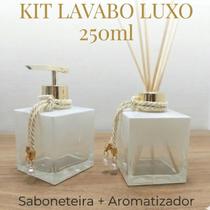 Kit Lavabo Vidro 250Ml Branco Porta Sabonete Válvula Luxo e Difusor Varetas Decoradas Banheiro Lavabo Organização Decoração Branco Degradê e Dourado