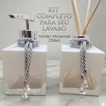 Kit Lavabo Vidro 250Ml Branco Porta Sabonete Válvula Luxo e Difusor Varetas Decoradas Banheiro Lavabo Organização e Decoração Branco Degradê e Prata Kit Lavabo Vidro 250Ml Branco Porta Sabonete Válvula Luxo e Difusor Varetas Decoradas Banheiro Lavabo Organização e Decoração Branco Degradê e Prata