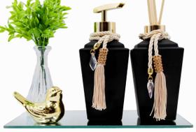 Kit Lavabo Vidro Preto Fosco Super Luxo C/ Bandeja + Enfeite