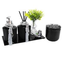 Kit Lavabo Vidro Preto Sabonete E Difusor C/ Bandeja Enfeite Porta Objeto Luxo