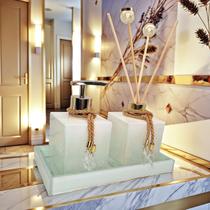 Kit Lavabo Vidro Super Luxo Difusor Banheiro Aromatizador Bandeja Saboneteira Vidro