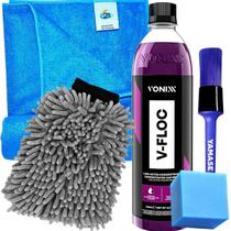 Kit Lavagem Automotiva Shampoo Neutro V-Floc 500ml Toalha Secagem Luva Tentaculos Pincel Vonixx