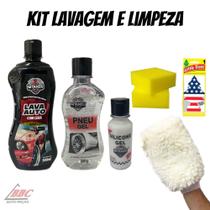 Kit Lavagem E Limpeza 1 Lava Auto C/cera+1 Silicone Gel+1 Pretinho Gel+1 Luva+2 Esponja+1Little Tres
