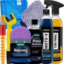 Kit Lavagem Premium Para Moto Shampoo Moto-V Quant Revitalizador de plasticos Restaurax Cera Cristalizadora Tok Final Vonixx pneu Pretinho Vintex