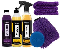 Kit Lavagem Profissional Vonixx V floc + V Mol removedor de Barro + Cera Tok final Luva Aplicador Toalha