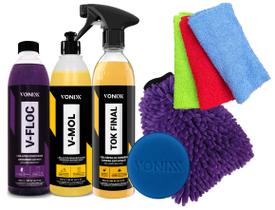 Kit Lavagem Profissional Vonixx V floc + V Mol removedor de Barro + Cera Tok final Luva Aplicador Toalha