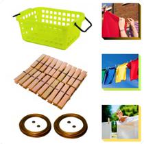 Kit Lavanderia 100 Prendedor Pregador Bambu Cesto Multiuso Varal Aço Encapado