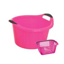 Kit lavanderia 2 pçs - bacia e cesto p/ prendedores- rosa