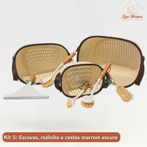 Kit Lavanderia 3 Cestos Organizadores Vazados 5 Escovas Multiuso Bambu Cozinha Limpesa Promo