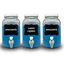 Kit lavanderia 3 potes com torneira sabão , amaciante e alvejante 3 litros cada com lousa e giz Kit lavanderia 3 potes com torneira sabão , amaciante e alvejante 3 litros cada com lousa e giz