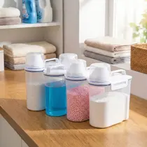 Kit Lavanderia 4 Potes Organizadores Herméticos com Dosador 1,5L Dispenser Sabão Po Liquido Amaciante