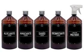 Kit Lavanderia 5 Frascos Plástico Pet Âmbar 1 Litro Sabão Amaciante Alvejante Desinfetante Liquido Organizada Minima