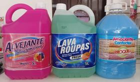 Kit Lavanderia Essencial 15L Lava Roupas, Alvejante Sem Cloro e Amaciante Kit Lavanderia Essencial 15L Lava Roupas, Alvejante Sem Cloro e Amaciante