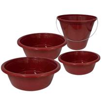 Kit Lavanderia Lava Roupas 4Pç Com 3 Bacias 1 Balde Vermelho