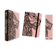 Kit Leão Rosa - Bíblia Capa Dura NTLH + Moleskine + Marca Página