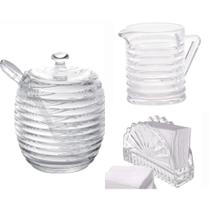 Kit Leiteira Açucareiro Porta Guardanapos de Vidro Colméia 3 Peças Kit Leiteira Açucareiro Porta Guardanapos de Vidro Colméia 3 Peças