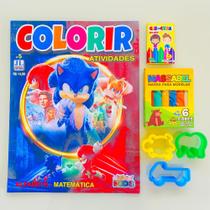 Kit Lembrancinha aniversario infantil Revista Colorir pintar Giz e Massinha Sonic