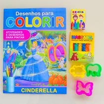 Kit Lembrancinha aniversario Revista Colorir pintar Giz e Massinha Cinderela