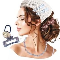 Kit Lenço Crochê Cabeça Bandana + Colar Choker + Acessórios Cabelo Sortidos = 7 Produtos