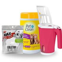 Kit Lenços Umedecidos P/Gatos + Pá Coletora P/Caixa de Areia + Coletor de Pelos P/Máquina de Lavar