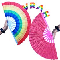 Kit Leque Grande Glitter Colorido + Arco Íris LGBT Vraah Faz Barulho Dança Parada Festa Carnaval Show Decoração