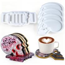 KIT LET'S RESIN DE 4 Moldes de Silicona para Posavasos con Diseño de Calavera y Soporte