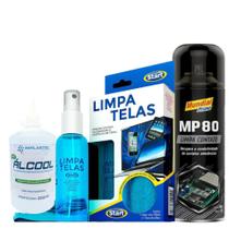 Kit Limpa Telas 120ml com Pano Microfibra + Spray Limpa Contato 300ml Mundial Prime + Alcool Isopropilico 250ml com Bico Dosador