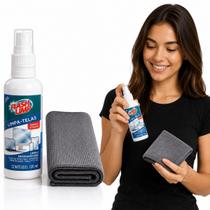 Kit Limpa Telas 120ml Pano Microfibra 30x30cm Spray Tira Gordura Digital Poeira Celular Monitor Notebook Tablet TV LCD OLED Sem Riscar Sem Fiapo -