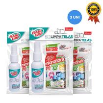 Kit Limpa Telas Multiuso Com Esponja Microfibra Limpeza De Smartphones Notebooks TV 120ml 3 Unidades - Flash Limp