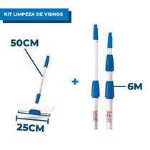 Kit Limpa Vidros Com Rodo 25cm e Cabo 50cm e Extensor 6 Metros