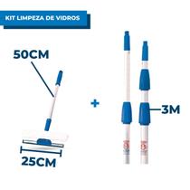 Kit Limpa Vidros Com Rodo 25cm e Cabo 50cm Extensor 3 Metros Lava Janela Teto Altura Rodinho Limpeza Profissional