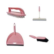 Kit Limpeza 4pçs Pá Escova Rodo Vassoura Portátil Coloridos