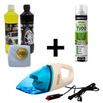 Kit limpeza automotiva aspirador carro portátil + shampoo e pretinho + espuma mágica para tecido e painel