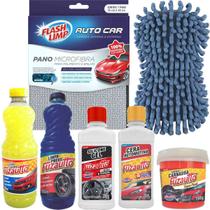 Kit limpeza automotiva cera liq. pretinho cera carnaúba shampoo silicone pano e esponja microfibra - Fuzetto e Flash Limp
