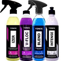 Kit Limpeza Automotiva Completa Izer Descontaminante V-Floc Shampoo Cera Liquida Blend Revitalizador de Plasticos Intense Vonixx