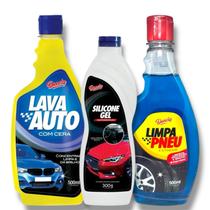 Kit Limpeza Automotiva Completa Shampoo, Silicone, Pretinho para Carro e Moto