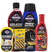 Kit Limpeza Automotiva Lava Autos + Pneu Pretinho + Cera + Esponja Brinde Cheirinho Rodabrill