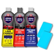 Kit Limpeza Automotiva Shampoo C/ Cera + Pneu Pretinho e Silicone Lavagem Carro Moto Concentrado