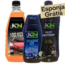 Kit Limpeza Automotiva Shampoo Lava Auto + Pneu Pretinho + Silicone Gel KN