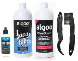 Kit Limpeza Bike Desengraxante Algoo 1L + Shampoo Algoo 1L + Escovas + Óleo Cera Algoo 60ml