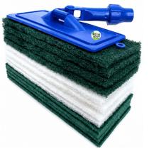 Kit Limpeza Completa 3 em 1 Com 12 FIBRAS + Suporte LT tiras autocolantes Base Articulada 4 Buchas BRANCA + VERDE PESADA + MULTIUSO