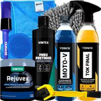 Kit Limpeza Completa, Revitalização e Brilho Moto V, Rejuvex, Tok Final e Pneu Pretinho