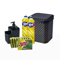 Kit Limpeza Completo: 10 Esponjas Scotch Brite, Porta Detergente, Lixeira Rattan e 2 Detergentes Ype